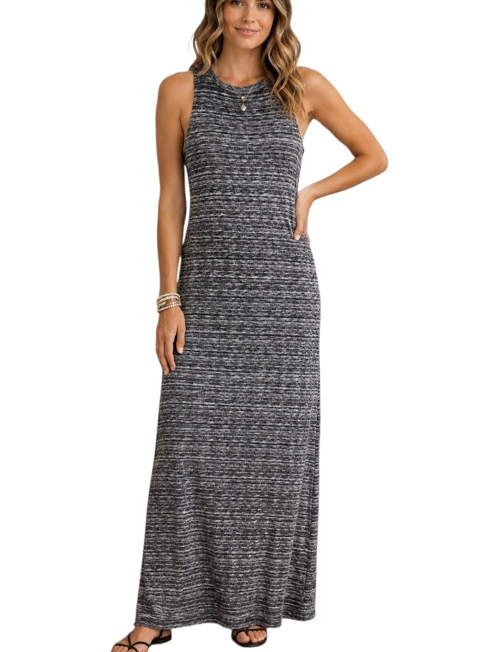 Ginger G Maxi Tank Dress Med Black Gray Marled Knit Sleeveless Stretch USA Y2K